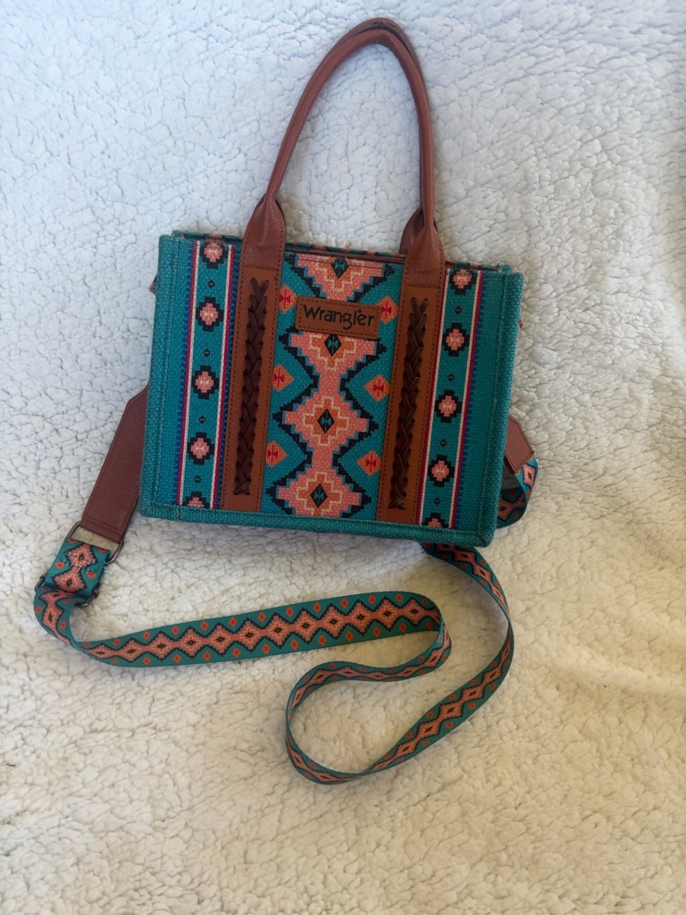 Wrangler Teal & Coral Southwestern Crossbody Small Tote
